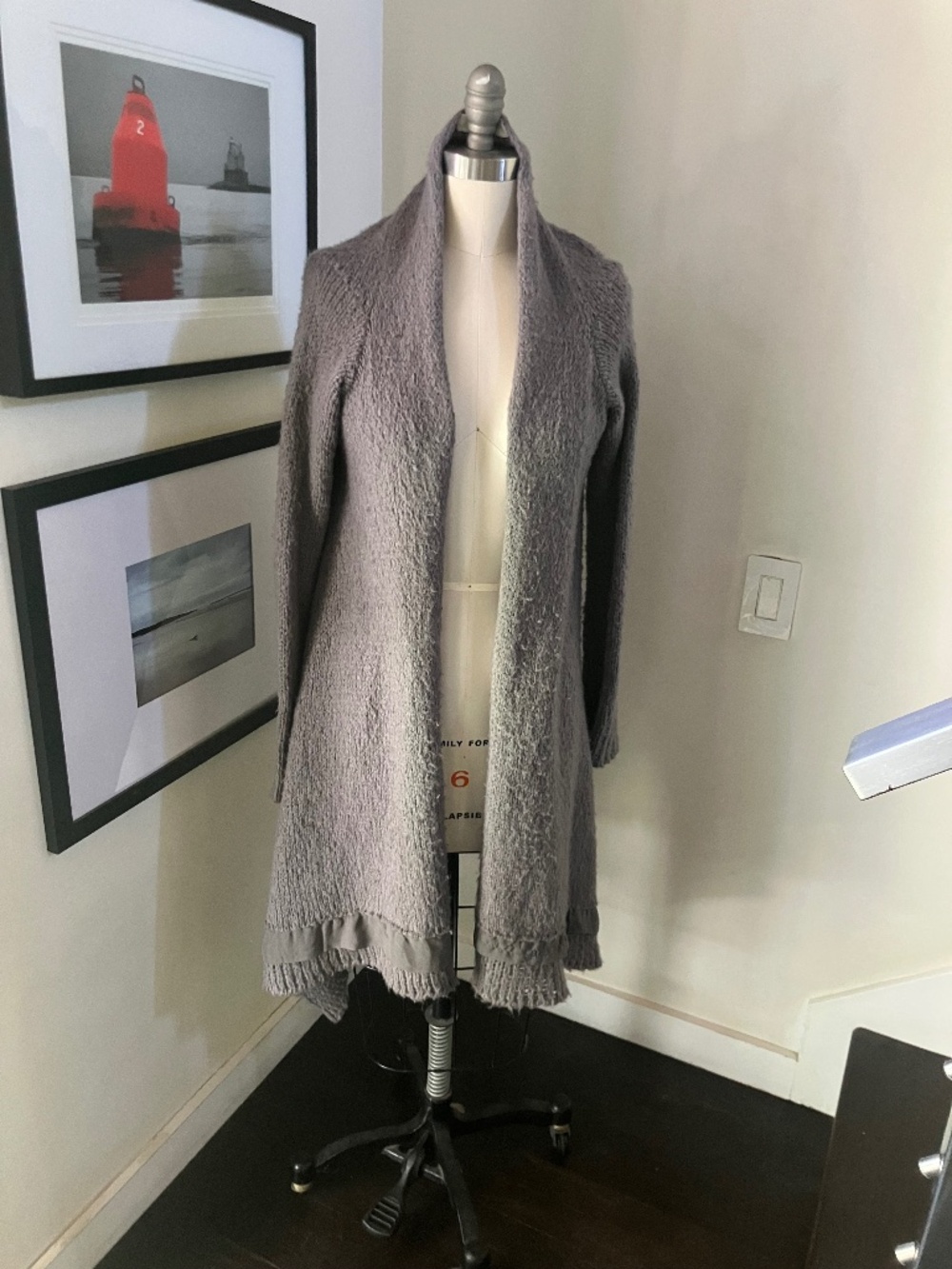 Laurie b. Gray Chunky Knit Wool Sweater/Cardigan with Chiffon Trim